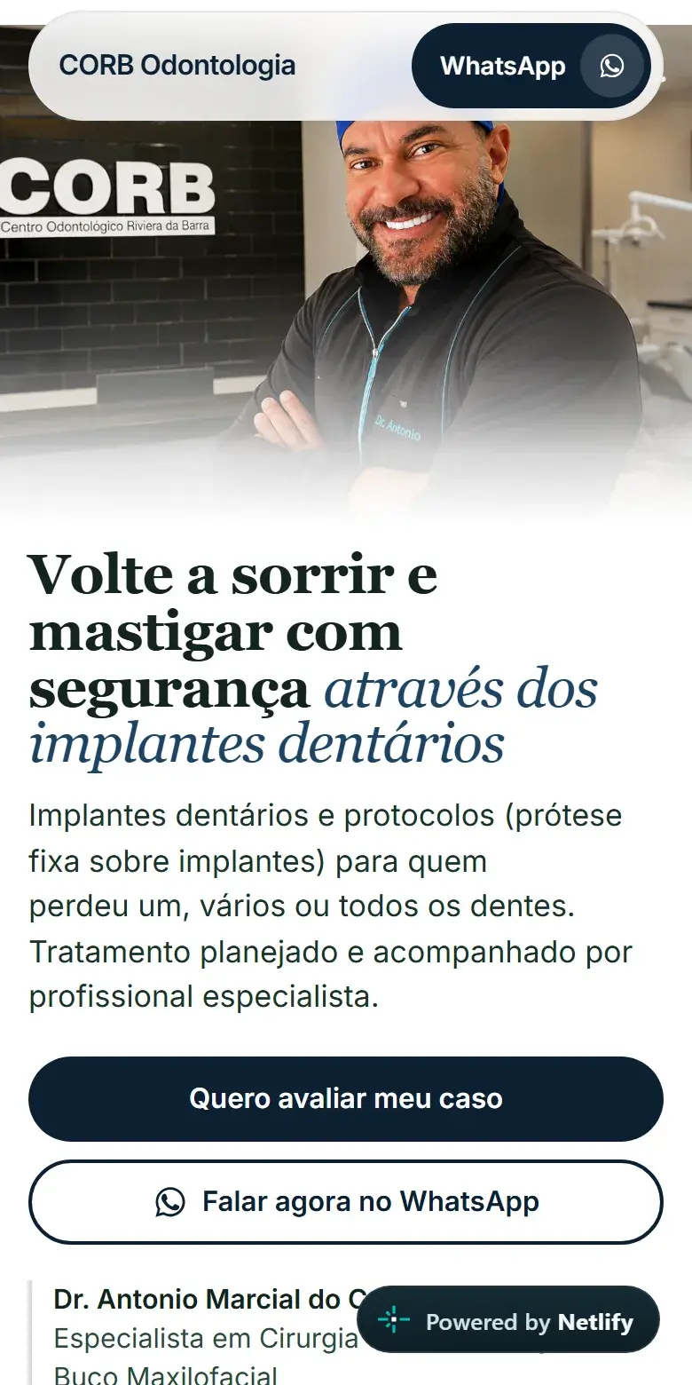 Tela do site de CORB Odontologia