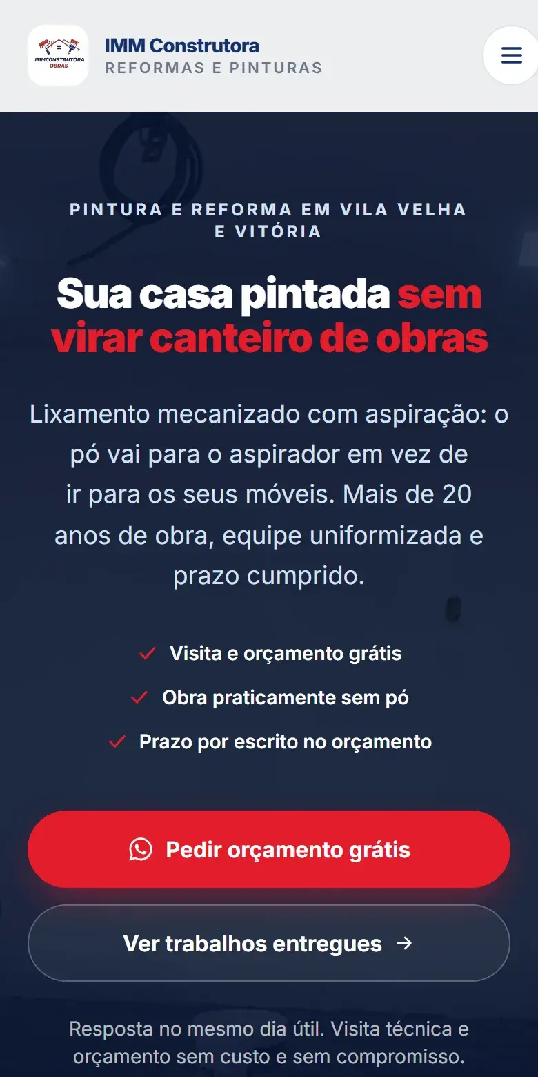 Tela do site de IMM Construtora